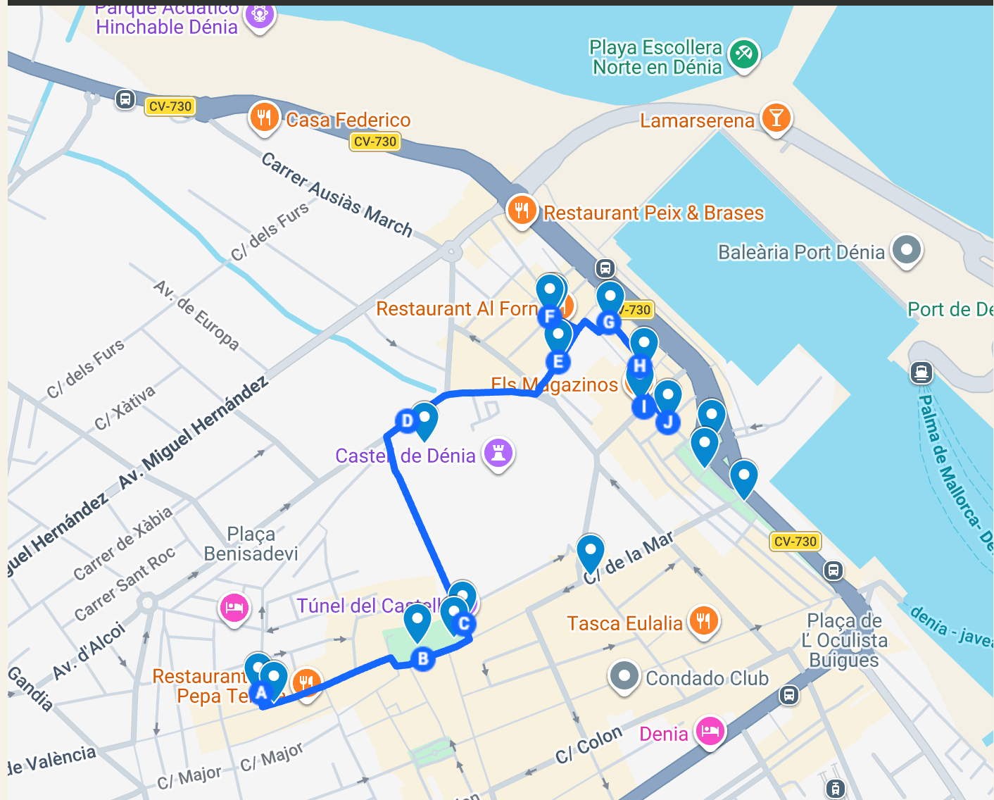 Google map route preview for the Dénia walking tour