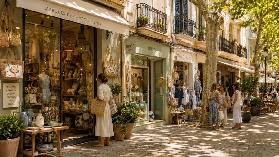 Boutique shops and shaded high-street shopping on Marqués de Campo in Dénia